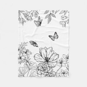 Black and White Floral Pattern Minimalist Modern Fleece Blanket