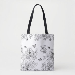 Black and White Floral Pattern Minimalist Modern Tote Bag