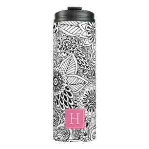 Black and White Floral Pattern Monogrammed Thermal Tumbler