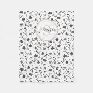 Black and White Floral Pattern - Name and Monogram Fleece Blanket