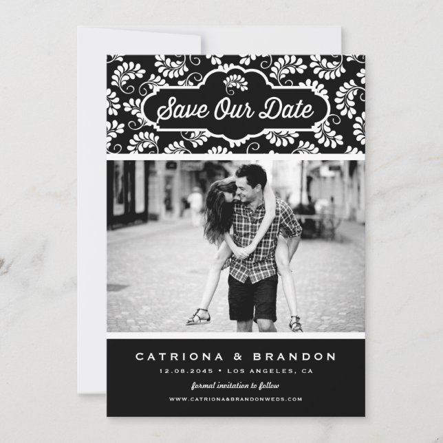 Black and White Floral Pattern Photo Save Our Date Save The Date (Front)