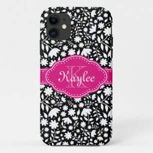 Black and White Floral Pattern Pink Monogram iPhone 11 Case