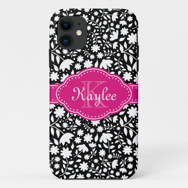 Black and White Floral Pattern Pink Monogram Case-Mate iPhone Case (Back)