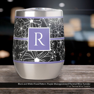 Black and White Floral Pattern: Purple Monogrammed