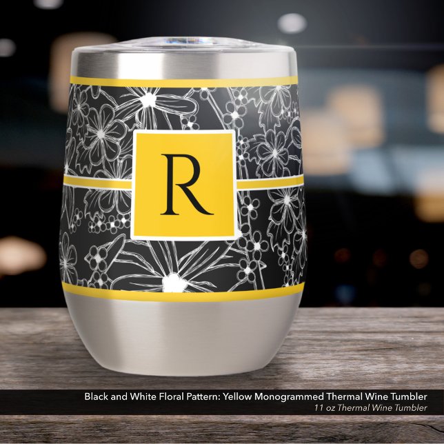 Black and White Floral Pattern: Yellow Monogrammed (Black and White Floral Pattern on an 11 oz Thermal Wine Tumbler with Monogram in Yellow)