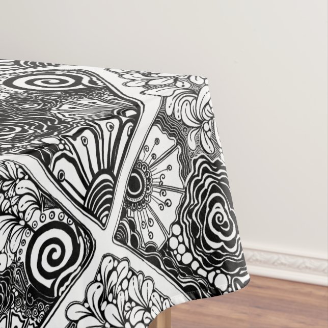 Black And White Floral Patterned Drawing  Tablecloth (In Situ)