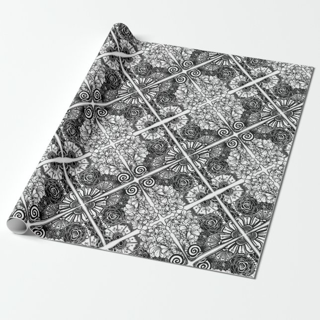 Black And White Floral Patterned Drawing Wrapping Paper (Unrolled)