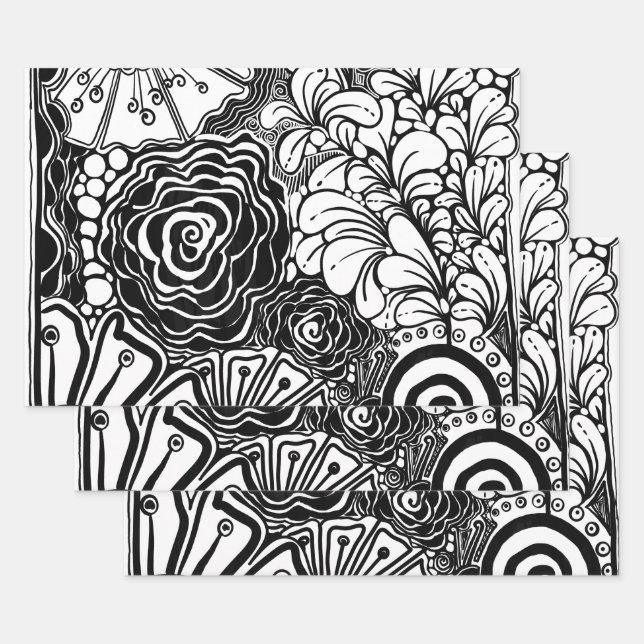Black And White Floral Patterned Drawing  Wrapping Paper Sheet (Set)