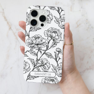 Black and White Floral Personalised Name Flower iPhone 15 Pro Max Case
