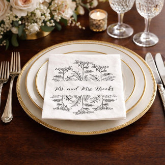 Black and White Floral Personalised Wedding Napkin