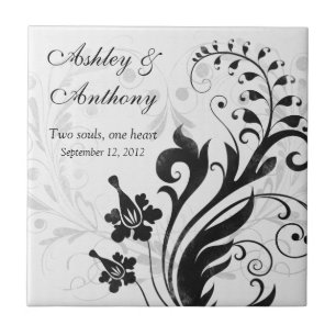 Black and White Floral Personalised Wedding Tile