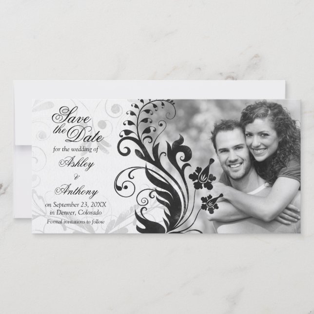 Black and White Floral Photo Wedding Save the Date (Front)