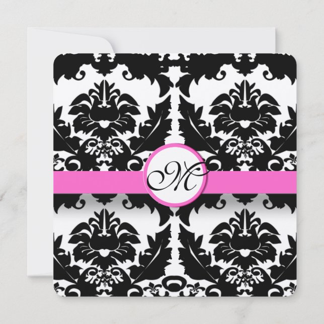 Black and White Floral Pink Trim Damask Wedding Invitation (Back)