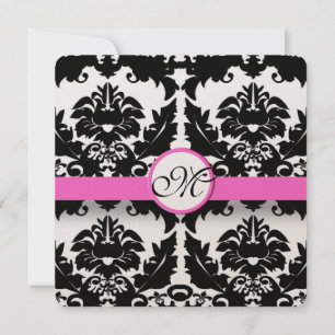 Black and White Floral Pink Trim Damask Wedding Invitation