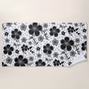Black and White Floral Print Beach Towel