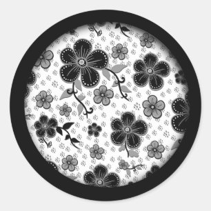 Black and White Floral Print Classic Round Sticker