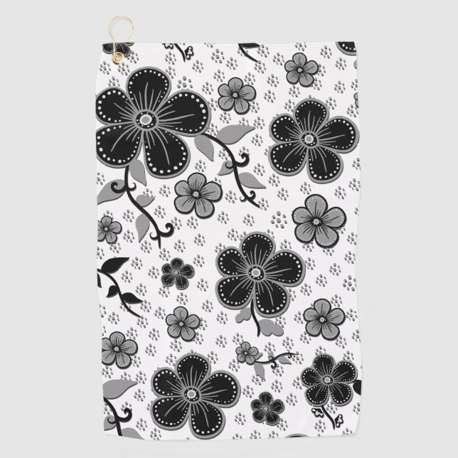 Black and White Floral Print Golf Towel (Front)