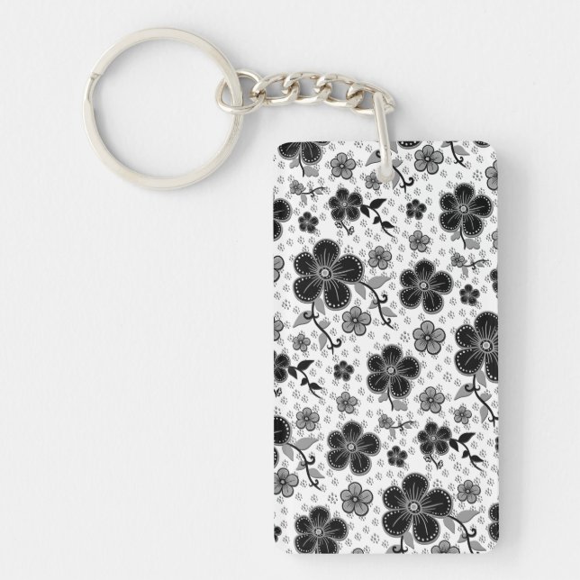 Black and White Floral Print Key Ring (Front)