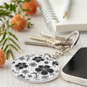 Black and White Floral Print Key Ring