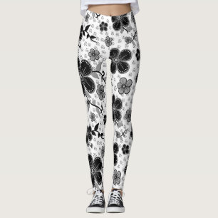 Black and White Floral Print Leggings