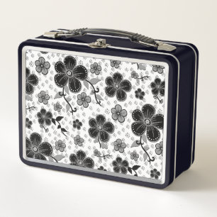 Black and White Floral Print Metal Lunch Box