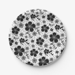 Black and White Floral Print Paper Plate