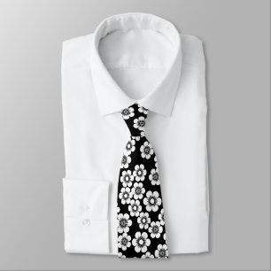 Black and white floral print pattern tie