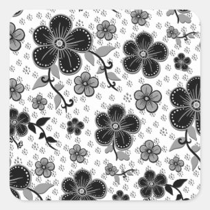Black and White Floral Print Square Sticker