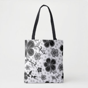 Black and White Floral Print Tote Bag