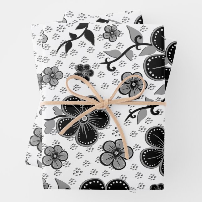 Black and White Floral Print Wrapping Paper Sheet (In situ)