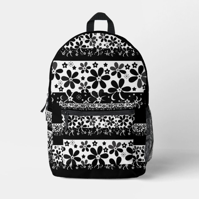 Black and white floral  printed backpack (Front)