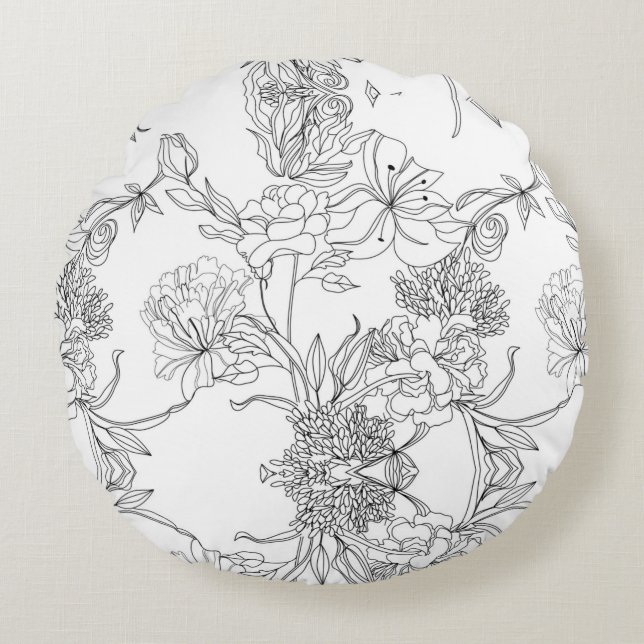 Black and White Floral Round Cushion (Front)