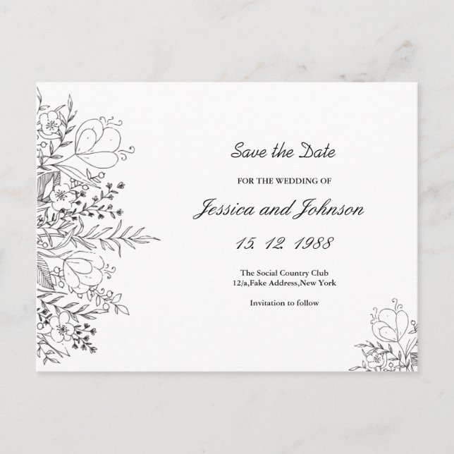 Black and White Floral Save the Date PostCard (Front)