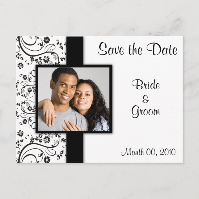 Black and White Floral Save the Date Postcards (Front)