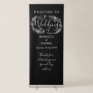 Black And White Floral Script Wedding Welcome Retractable Banner
