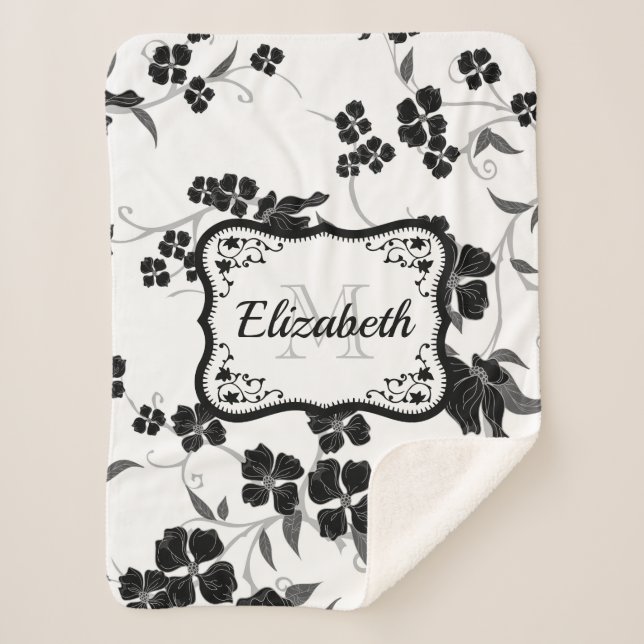 Black and White Floral Sherpa Blanket (Front)