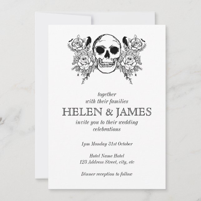 Black and White floral skull halloween wedding Invitation (Front)