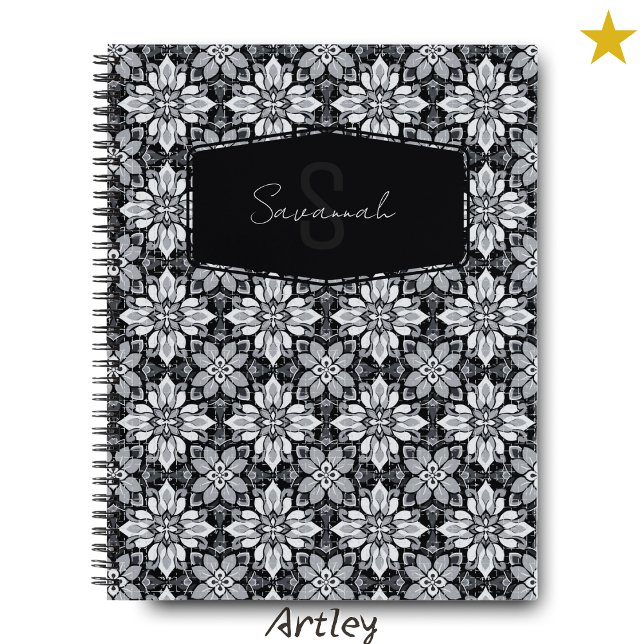 Black and White Floral Spanish Tile Name Monogram Notebook (Creator Uploaded)