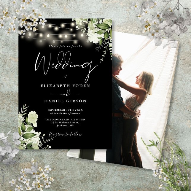 Black And White Floral String Lights Photo Wedding Invitation (Black And White Floral String Lights Photo Wedding Invitation)