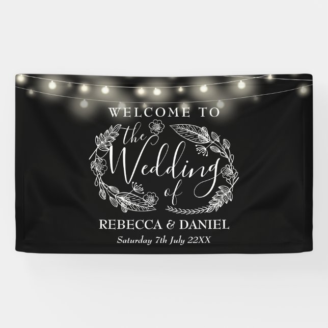 Black And White Floral String Lights Wedding Banner (Horizontal)