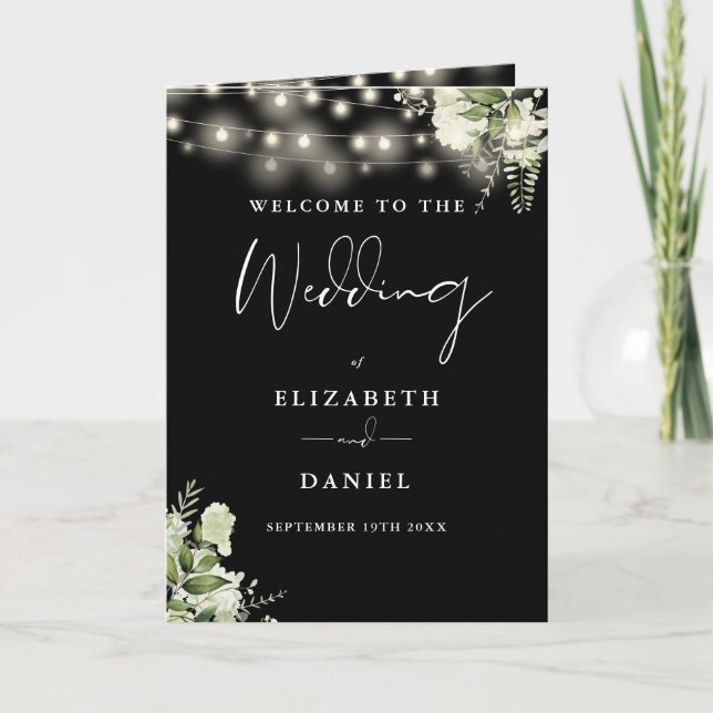 Black And White Floral String Lights Wedding  Programme (Front)