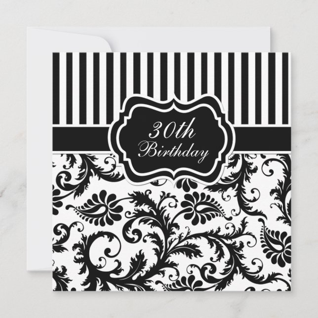 Black and White Floral Stripe 30th Birthday Invite (Front)