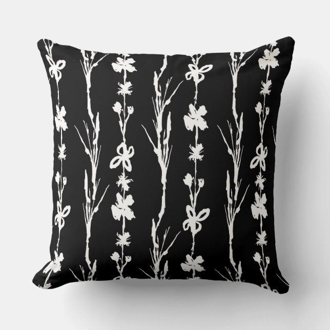 Black and White Floral Stripe  Cushion (Front)