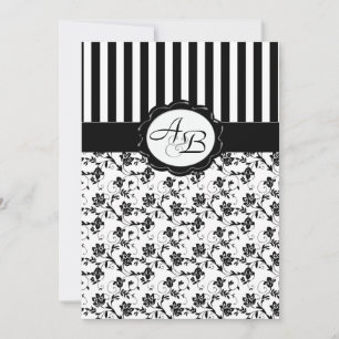 Black and White Floral Stripe Monogram Invitation