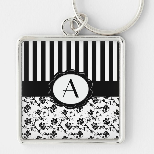 Black and White Floral Striped Monogram Keychain (Front)