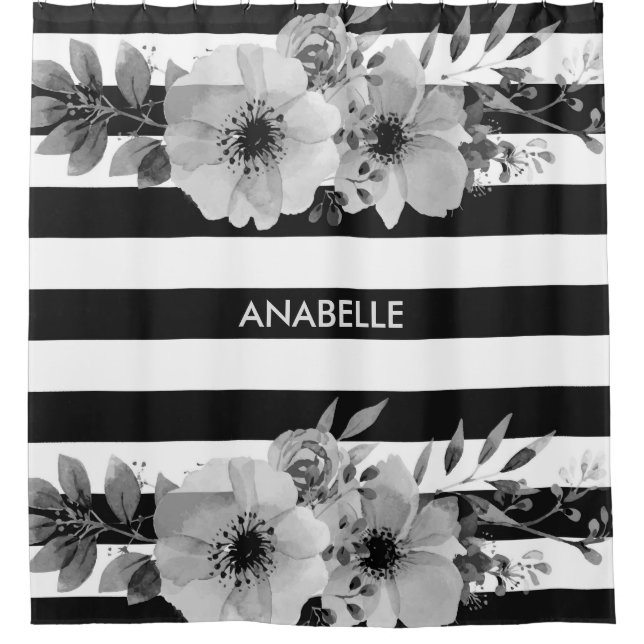 Black and White Floral Stripes Shower Curtain (Front)