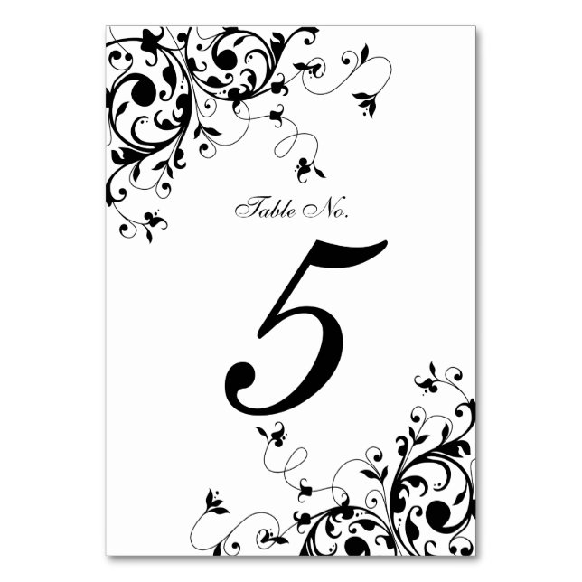 Black and White Floral Swirls Wedding Table Number (Front)