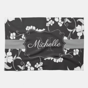 Black and White Floral Tea Towel