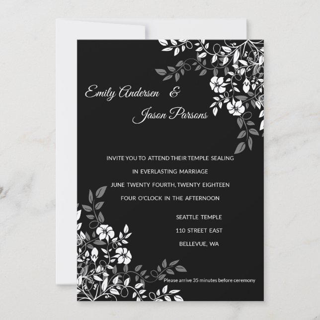 Black and White Floral Temple Wedding Invitation (Front)