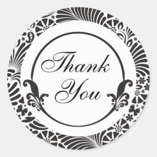 Black and White Floral Thank You Classic Round Sticker